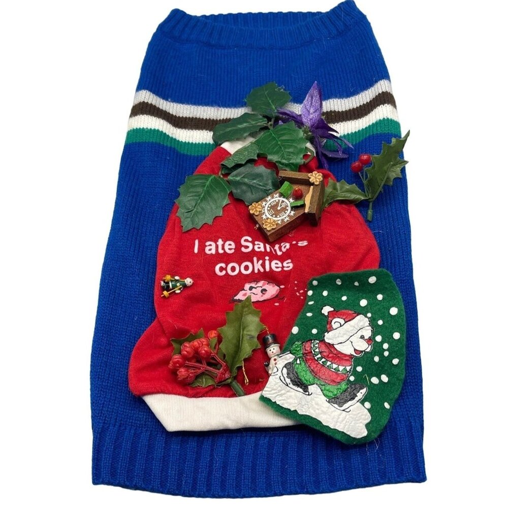 top paw ugly Christmas dog sweater handmade blue Santa clock large knit READ
